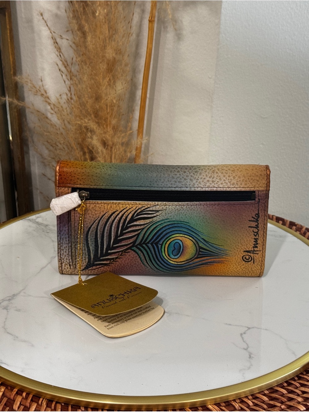 Anuschka Hand-Painted Peacock & Floral Card Holder - Teal, Blue, Green, Orange - Picture 3 of 10
